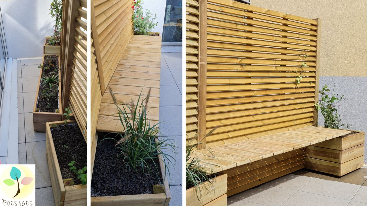 Derrière chaque banc, coté chambre les persiennes laissent passer de la lumières et quelques plantes, qui lors